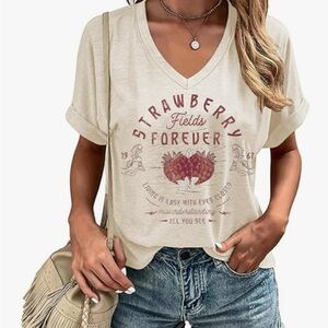 Strawberry Fields Forever Graphic Tee Women’s Vintage Band Style V-Neck Shirt